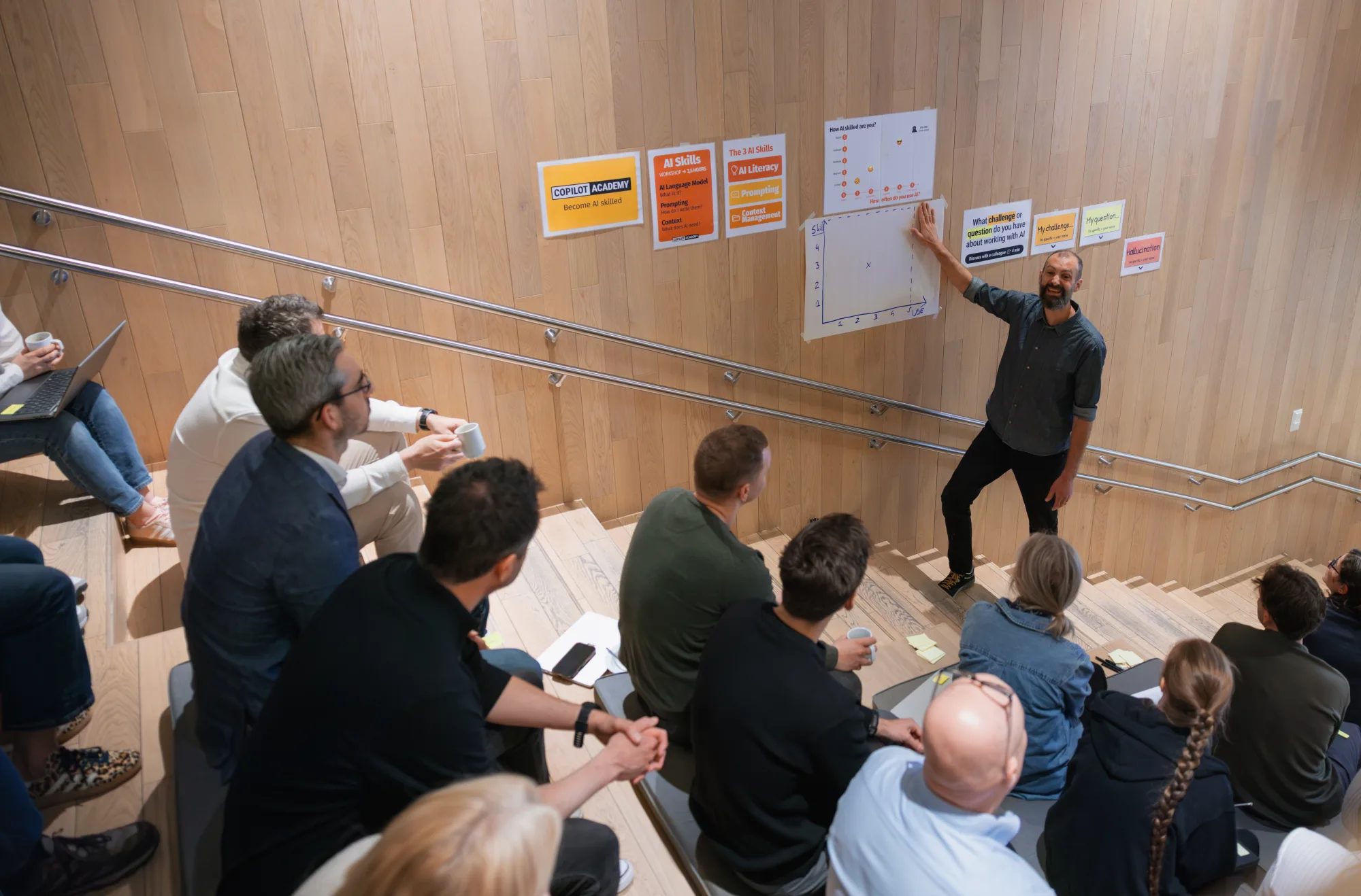 Trainer at the skill-vs-use chart during an AI literacy exercise